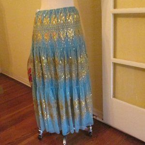 Midi blue Gold Sequins Cotton Skirt Beautiful Medium